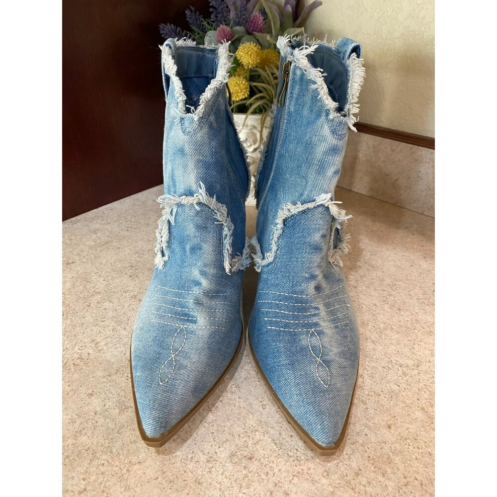 Distressed Denim Ankle Boots With Chunky Heels & Zipper Closure - Picture 9 of 11
